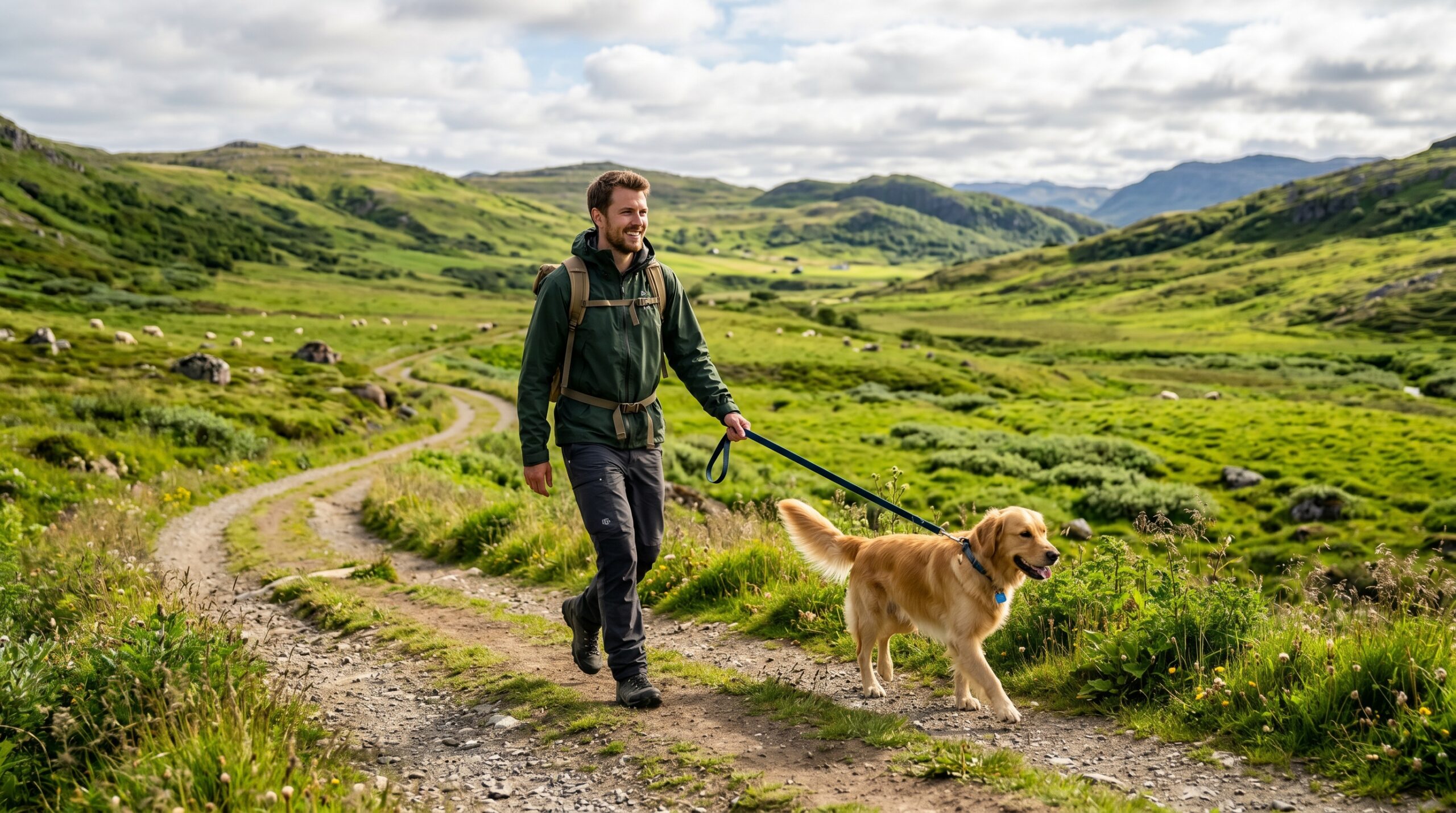 Man hiking with golden retriever on a scenic trail